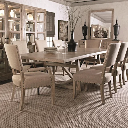 Rectangular Trestle Dining Table with 2 Upholstered Arm Chairs & 4 Upholstered Side Chairs